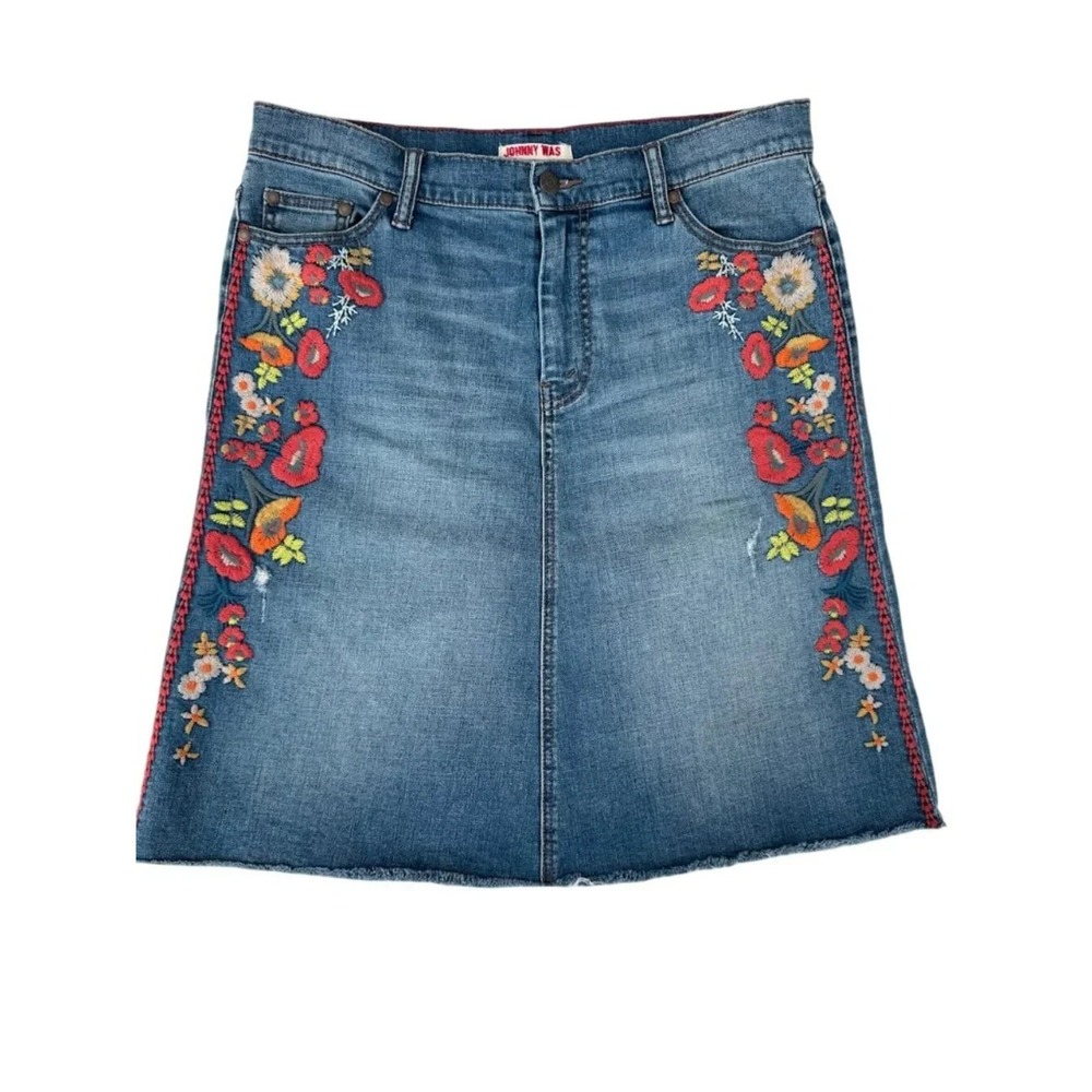 Johnny Was Christy Women's Indigo Blue Floral Embroidered Denim Skirt Size 30 - Picture 2 of 9